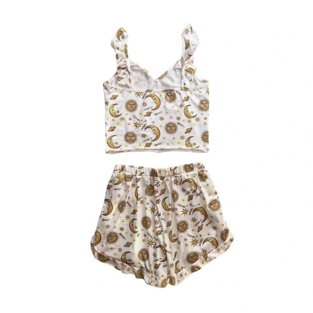 ROMWE Celestial Sun Moon Star Print Cream & Gold Pajama Lounge Set NWT, Size S - Picture 2 of 8